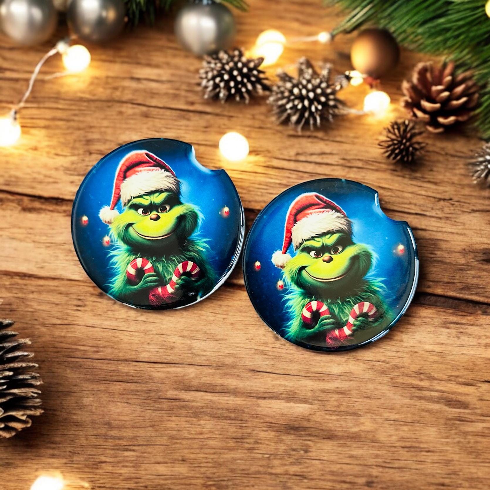Grinch Inspired Ceramic Car Coaster Set of 2