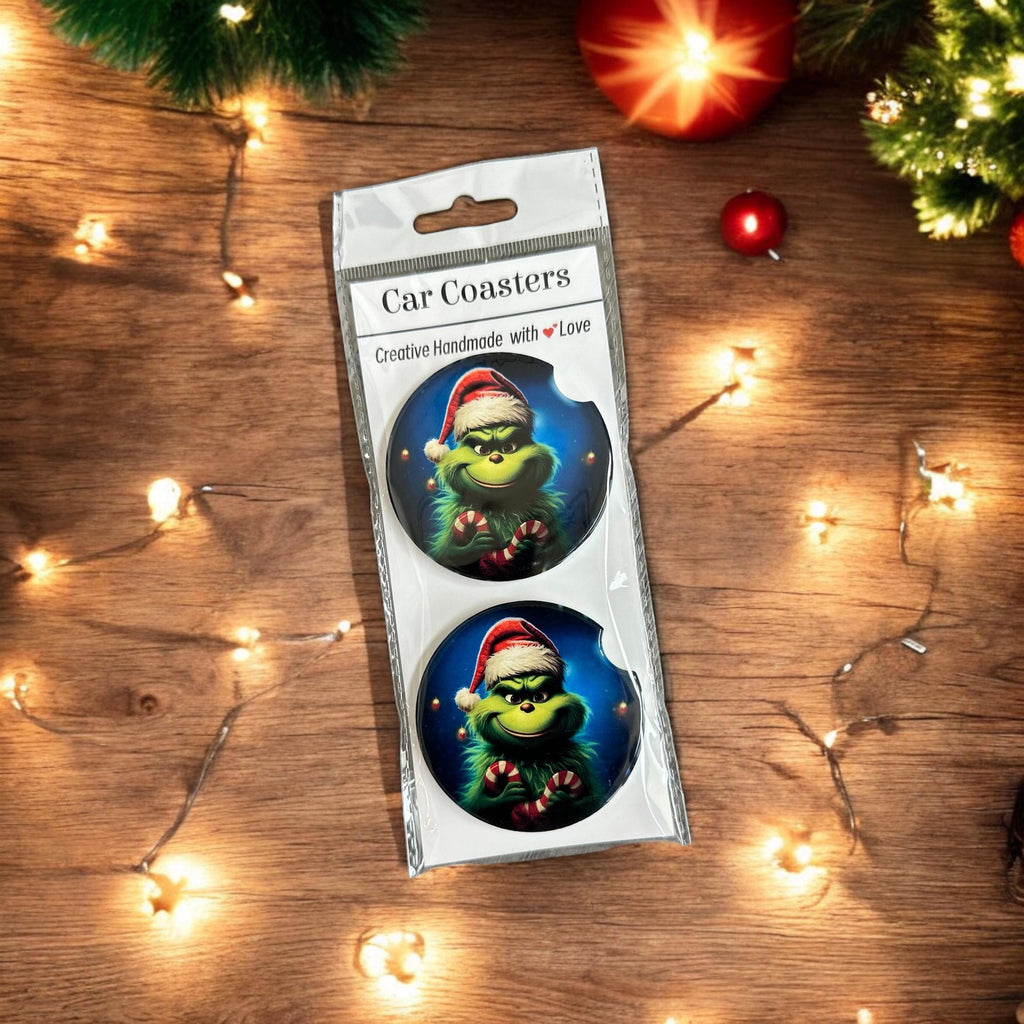 Grinch Inspired Ceramic Car Coaster Set of 2