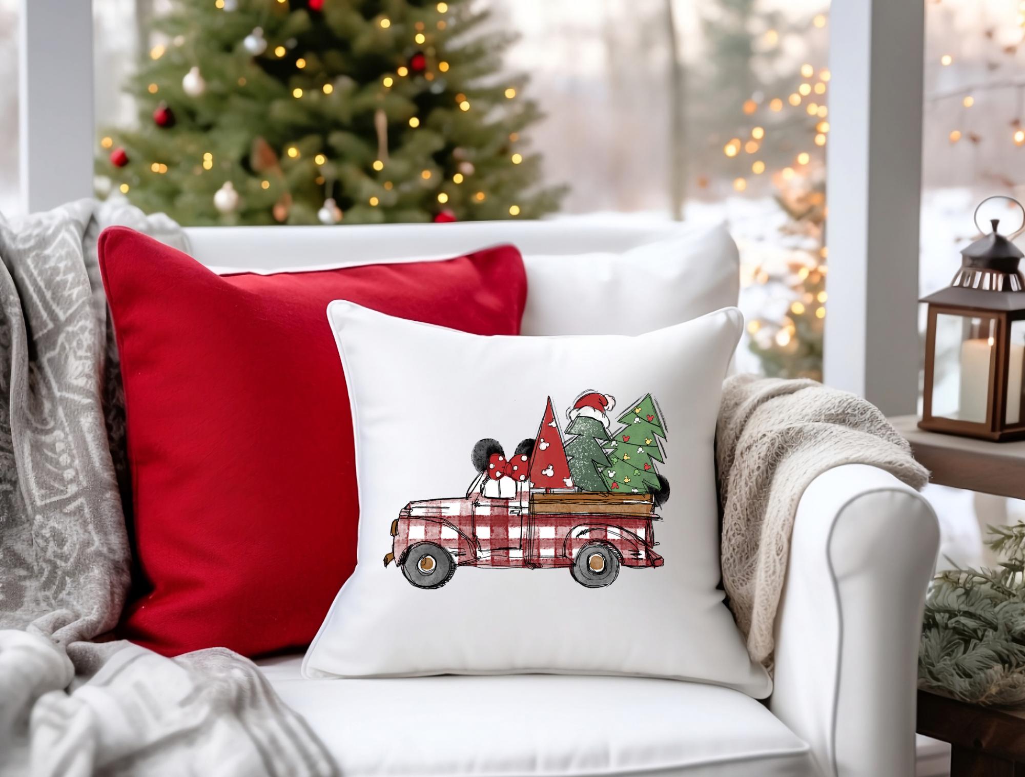 Disney Christmas Pillow Cover Red Truck Buffalo Check