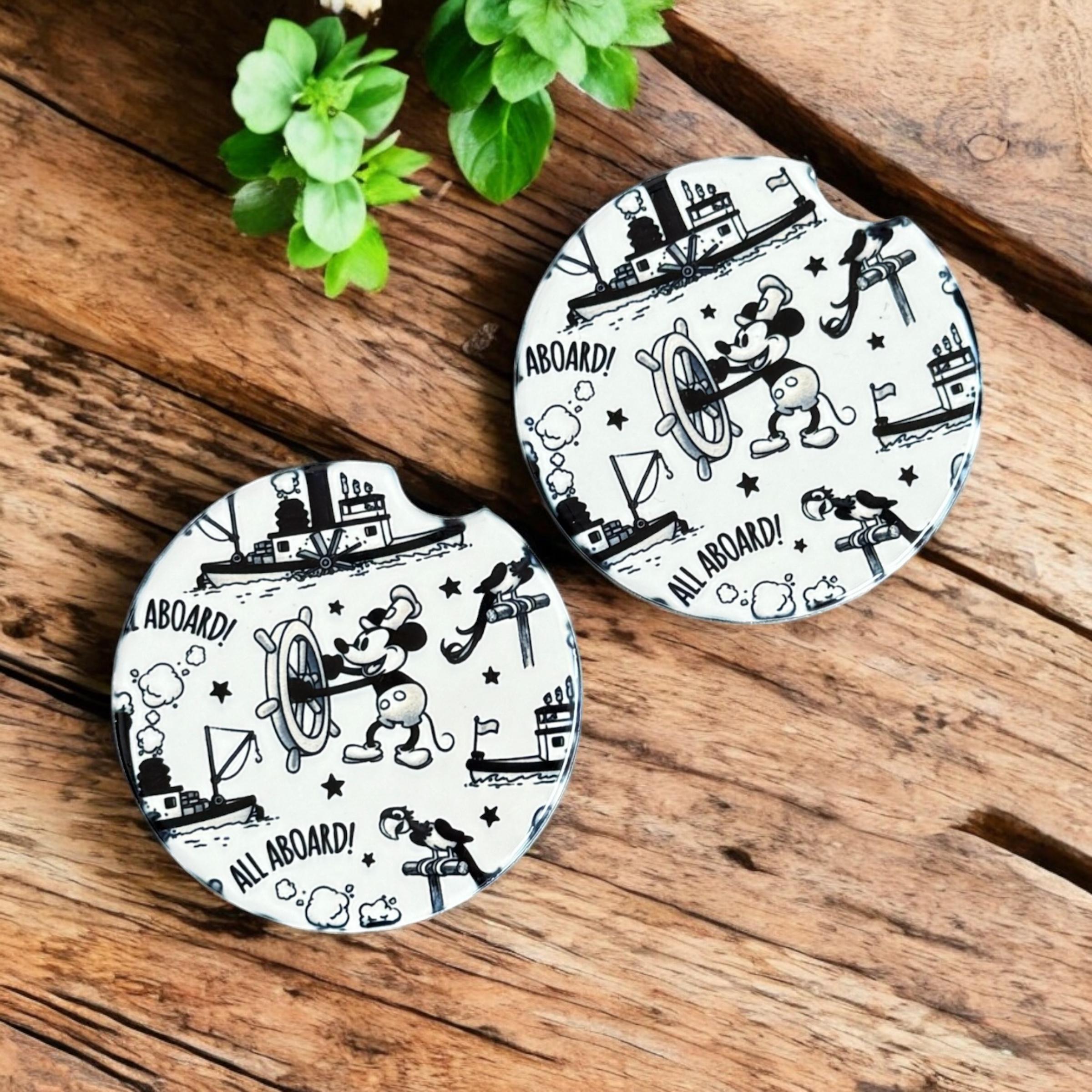 Disney Mickey Ceramic Car Coaster Set of 2 Steamboat Willie Inspired Car Accessories