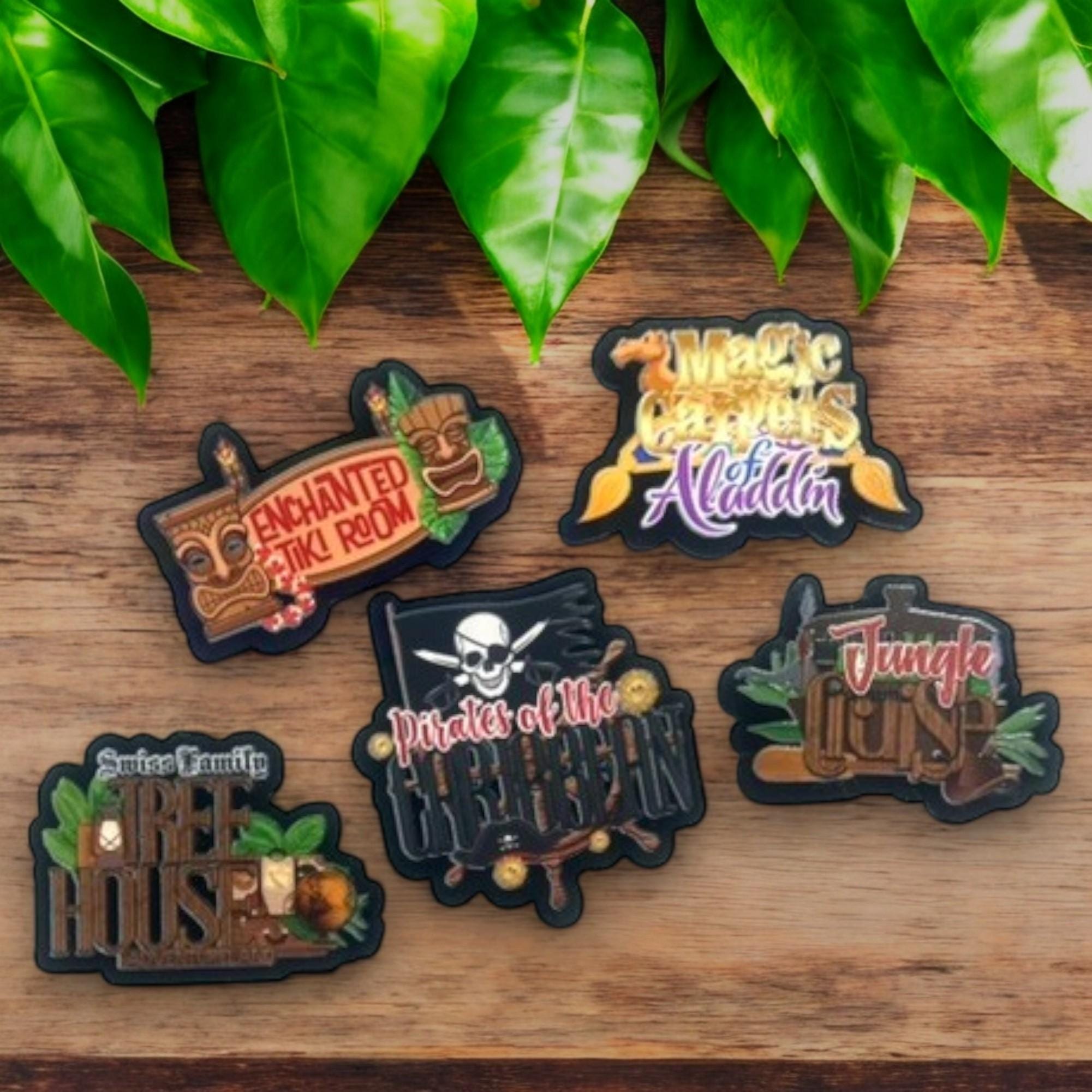 Adventureland Attraction Magnet Set | Tiki Room, Jungle Cruise, Pirates of the Caribbean, Aladdin, Treehouse | Disney Fridge Decor
