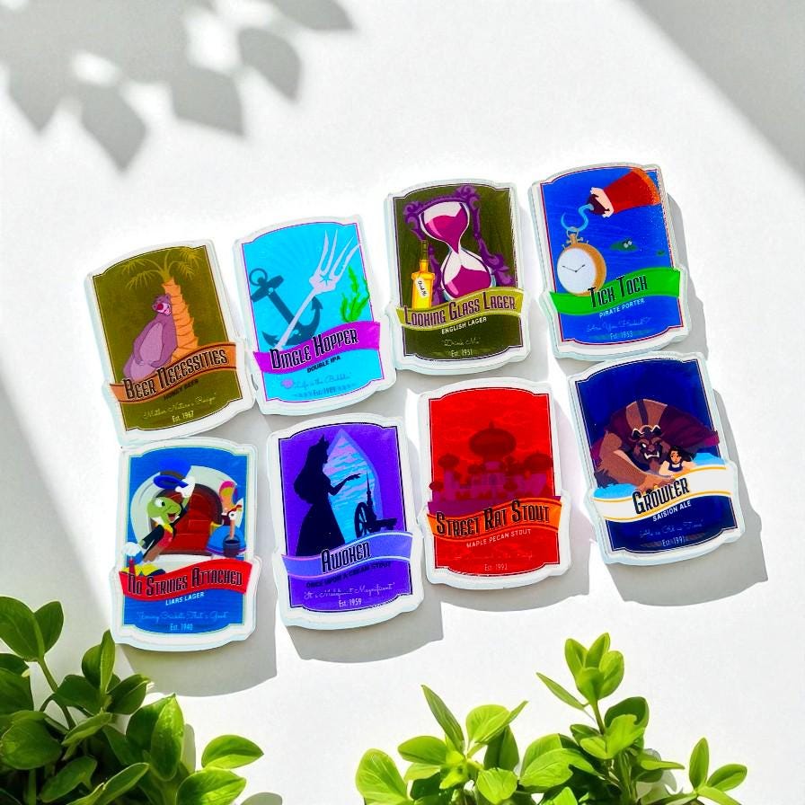 Disney-Inspired Beer Label Magnets | Set of 9 Acrylic Fridge Magnets | Funny Fantasy Parody Decor | Unique Bar Gift | Collectible Set