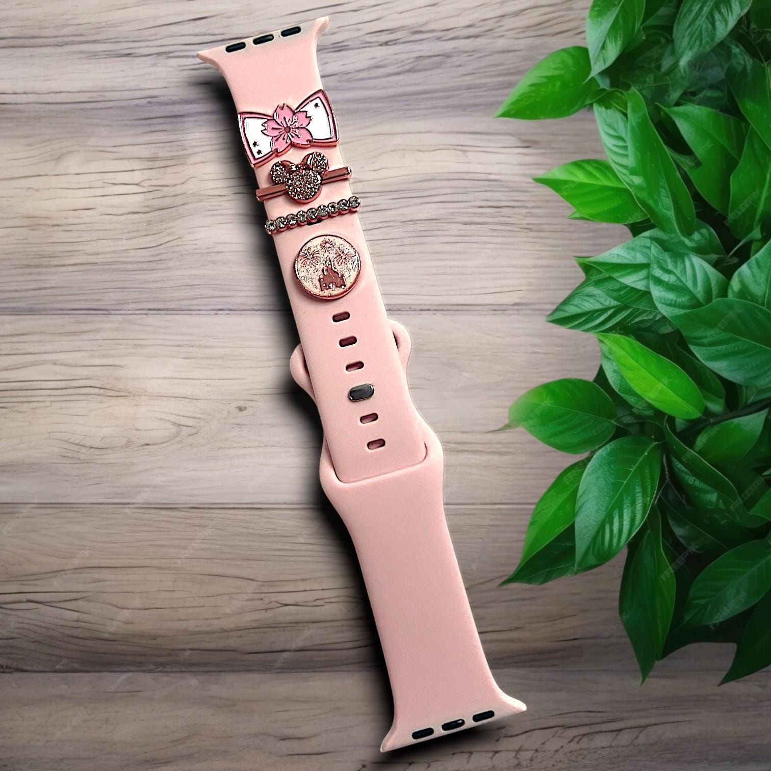 Princess Aurora-Inspired Apple Watch Charms â€“ Rose Gold Slider Charms for Silicone Bands | Minnie Ears, Bow | Disney Pink Watch Accessories