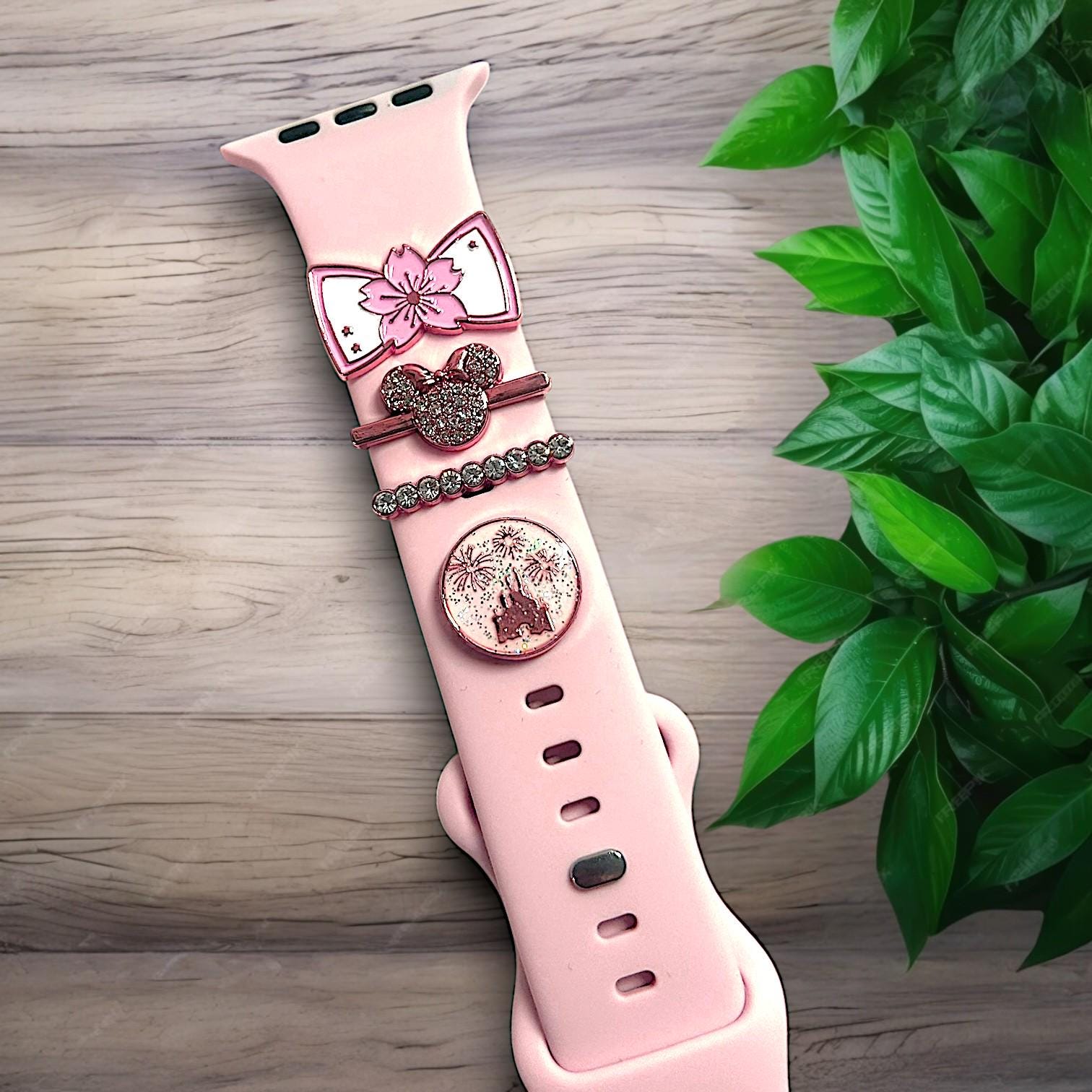 Princess Aurora-Inspired Apple Watch Charms â€“ Rose Gold Slider Charms for Silicone Bands | Minnie Ears, Bow | Disney Pink Watch Accessories