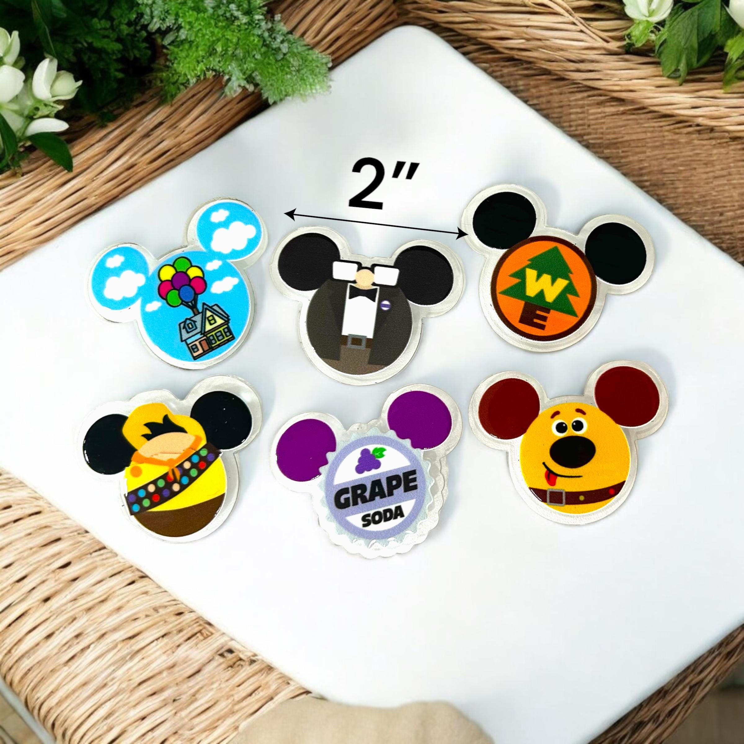 Disney UP Inspired Mickey Ear Acrylic Magnet Set â€“ Carl, Russell, Dug, Grape Soda â€“ Fridge Magnets â€“ Pixar Gifts â€“ Wilderness Explorer Decor