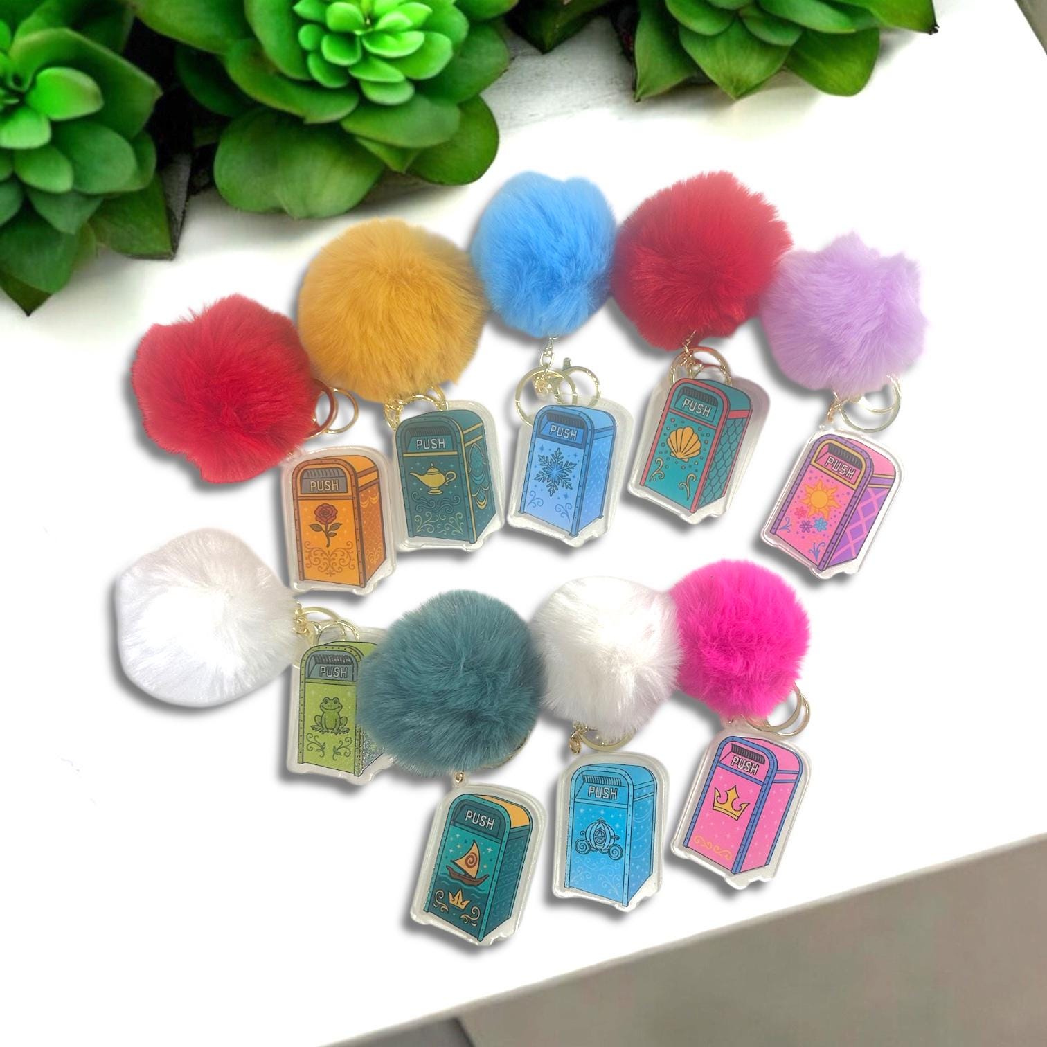 Disney Princess Trash Can Key Chains with Pom Pom | Fairytale Disney-Inspired Accessories | Cute Acrylic Bag Charms | Magical Gift