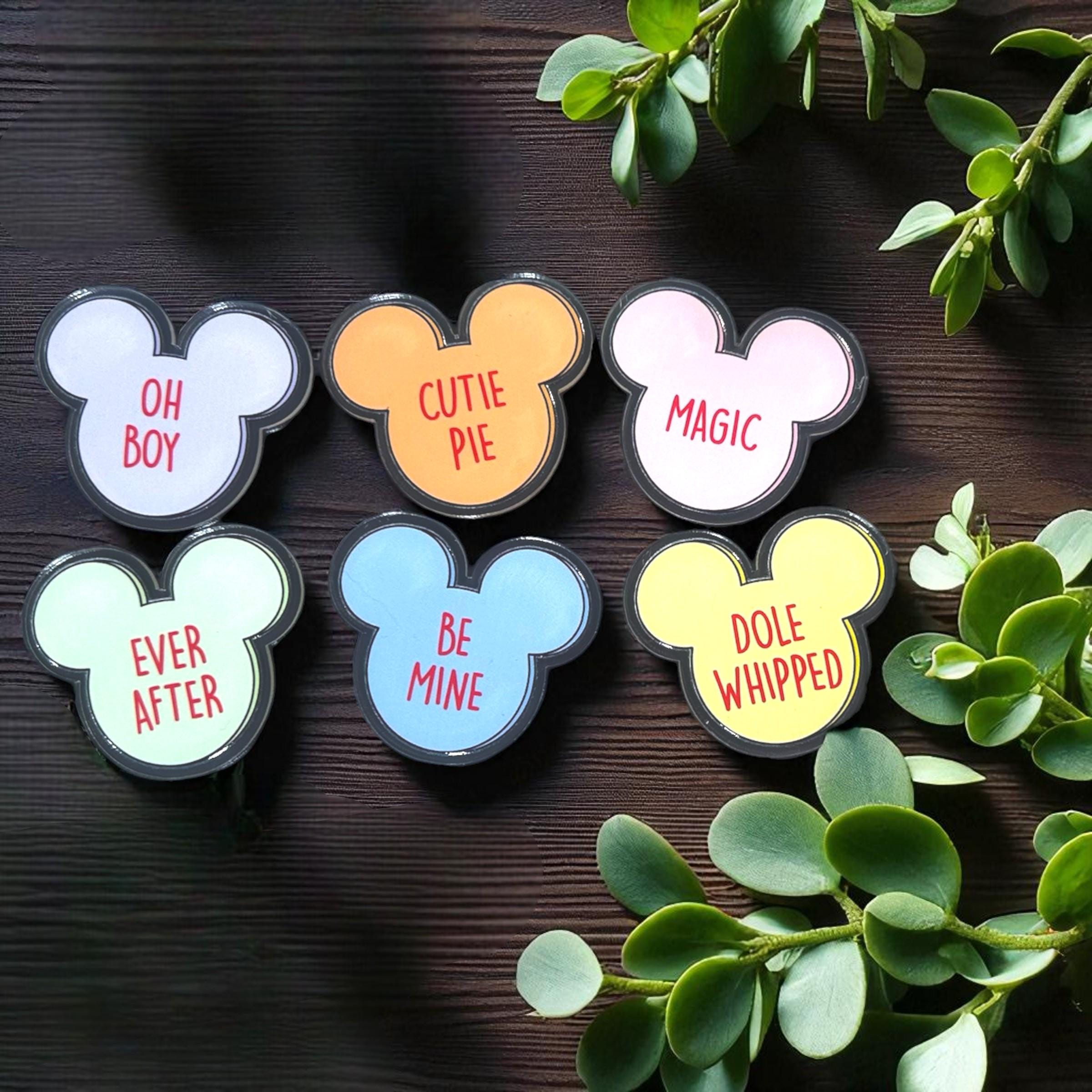 Disney Conversation Heart Magnet Set | Mickey Ear Valentine Magnets | Dole Whipped, Oh Boy, Be Mine, Magic | Cute Disney Kitchen Gift