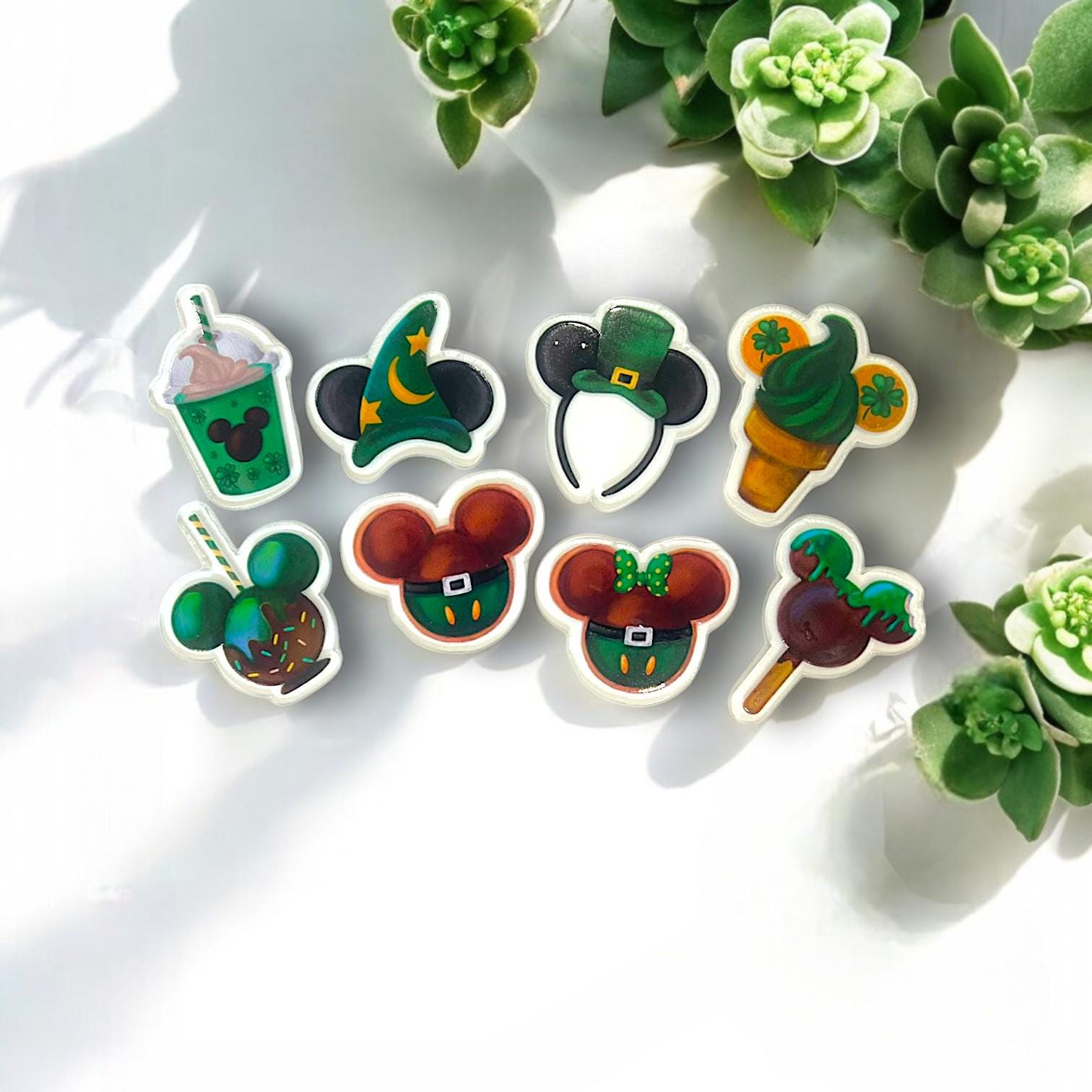 St. Patrickâ€™s Day Mickey Ear Magnet Set | Disney Green Holiday Fridge Magnets | Leprechaun Hat, Shamrock Treats, Magical Decor