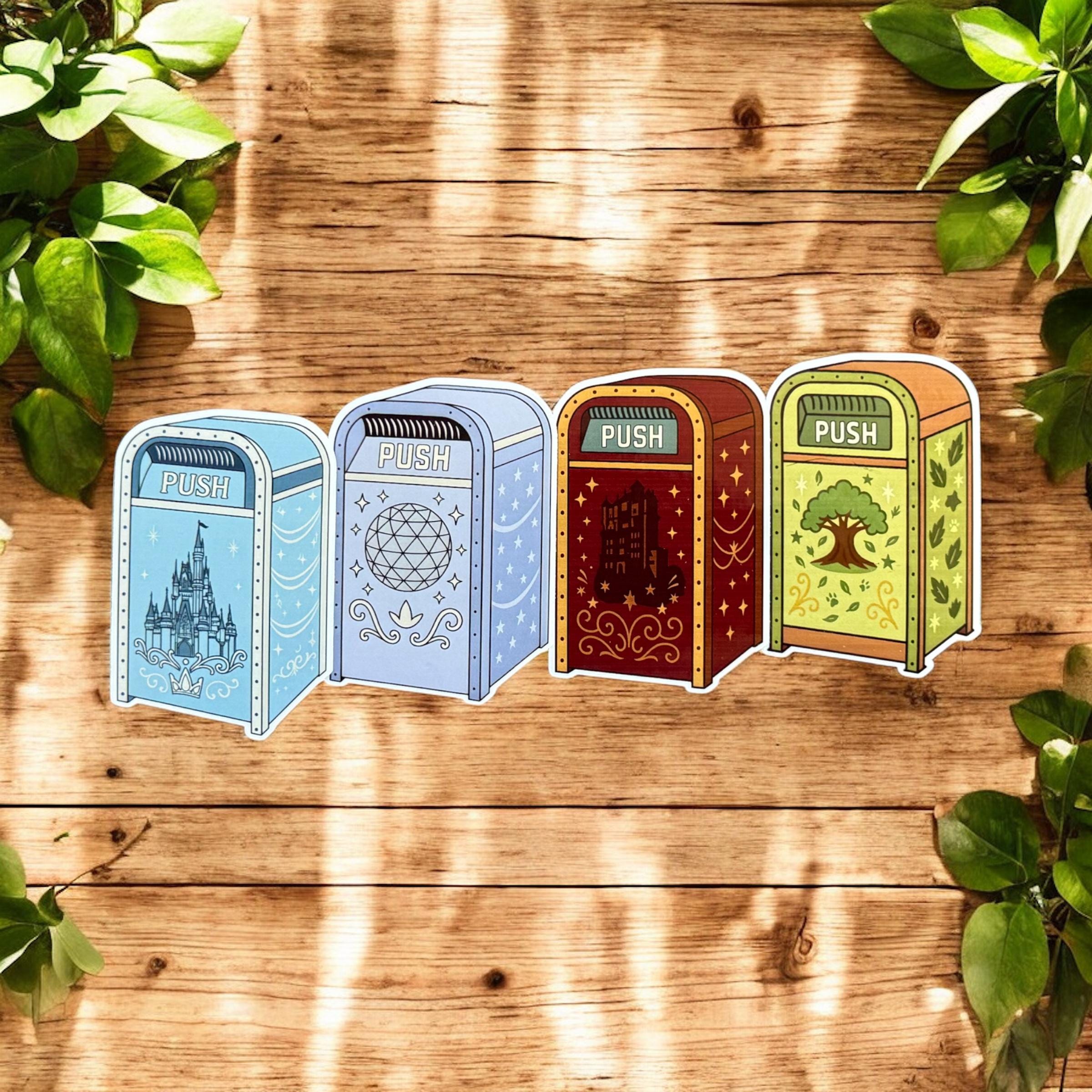 Disney Theme Park Trash Can Stickers â€“ Set of 6 | WDW Set of 4 | Disneyland Set of 2 | Vinyl Stickers for Water Bottles, Laptops & Planners