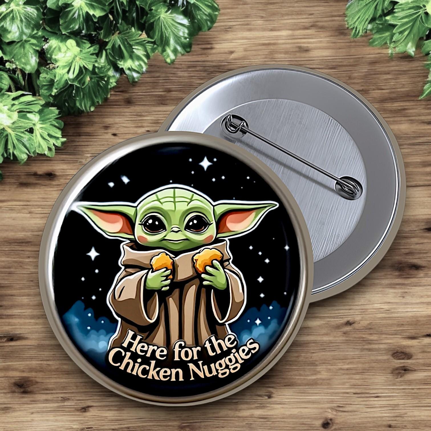 Chicken Nuggies Button | Cute Baby Alien Pin | Funny Star Foodie Flair | Park Day Button | Grogu Gift Idea